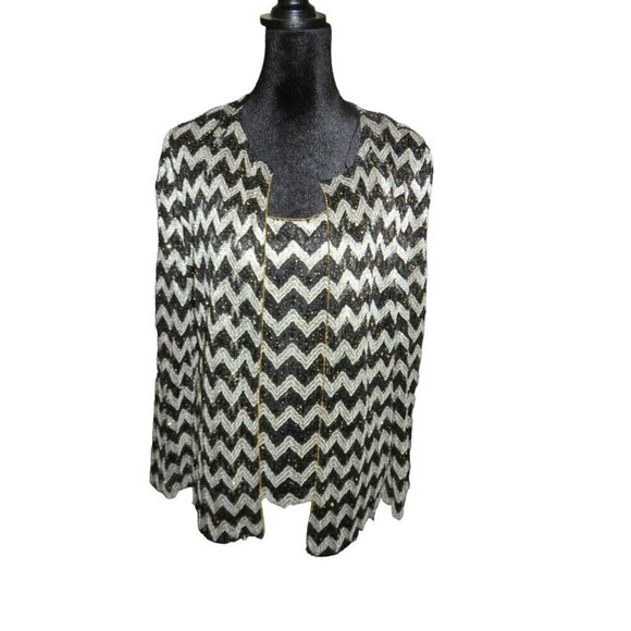 Alex Evenings Embellished Sequined Black & White Chevron Cocktail Shell & Jacket - Picture 1 of 7